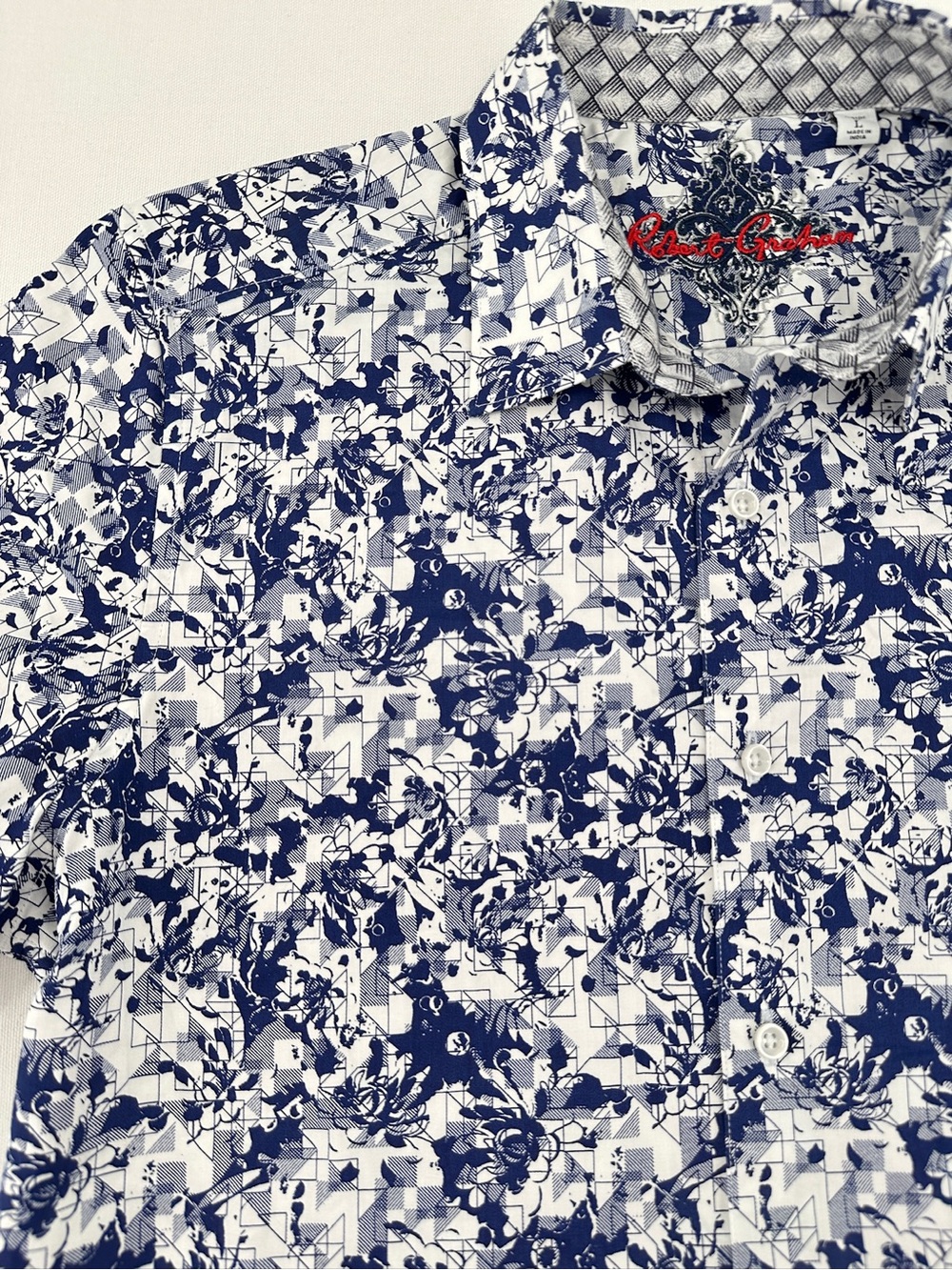 Robert Graham NWOT Bright Blue Geo Floral Stretch Cotton Statement Shirt L - Picture 5 of 9